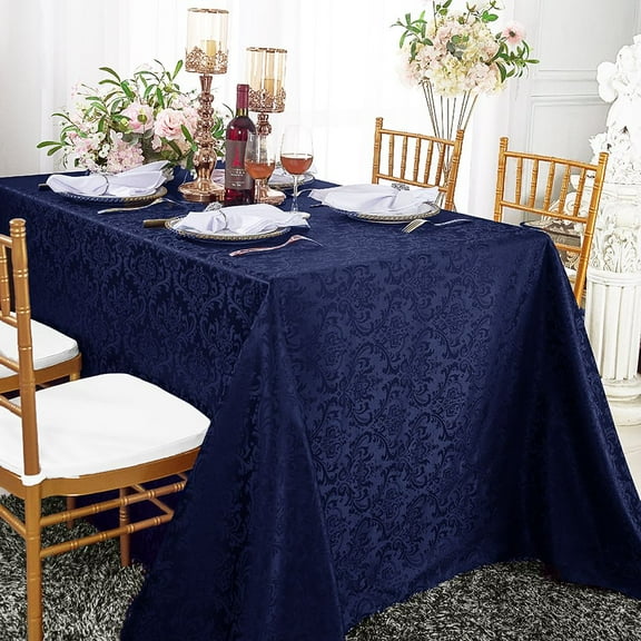 Wedding Linens Inc. 90" x 156'' Rectangular Jacquard Damask Polyester Tablecloth Table cover linen - Navy Blue