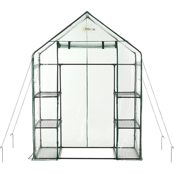 Ogrow Machrus  Deluxe Walk-In Greenhouse with 3 Tiers and 6 Shelves -  Clear Cover - White