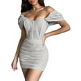 thumbnail image 2 of Liacowi Women's Sexy Summer Dress Short Sleeve Off Shoulder Backless Ruched Bodycon Wrap Dress Party Clubwear, 2 of 9