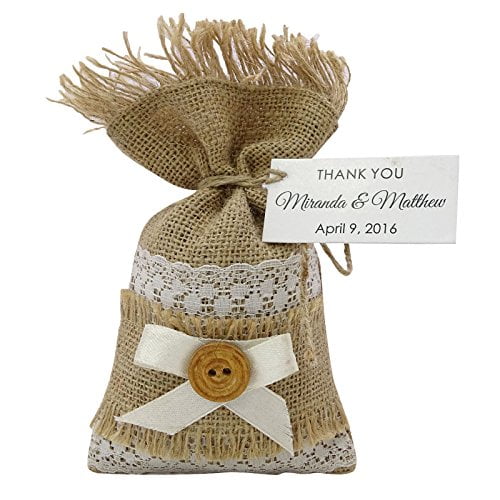 30 Jute Drawstring Bag Pouches With Custom Tag Wedding Small Net Favor Bags Rustic Party Favor Burlap Sack 4" x 6.5" inches