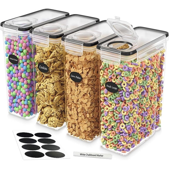 Cereal Containers Storage 4L Set of 4 Airtight Food Storage Containers with Lids Cereal Dispenser Countertop Pantry Organization Canister for Rice Flour & Sugar 1 Marker 8 Labels