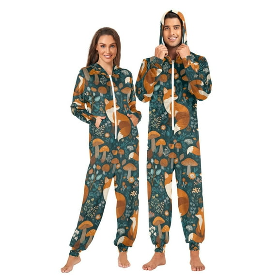 Adult Christmas Onesie Cute Foxes Adult Zipper One-Piece Pajamas Unisex Pajamas with Pockets