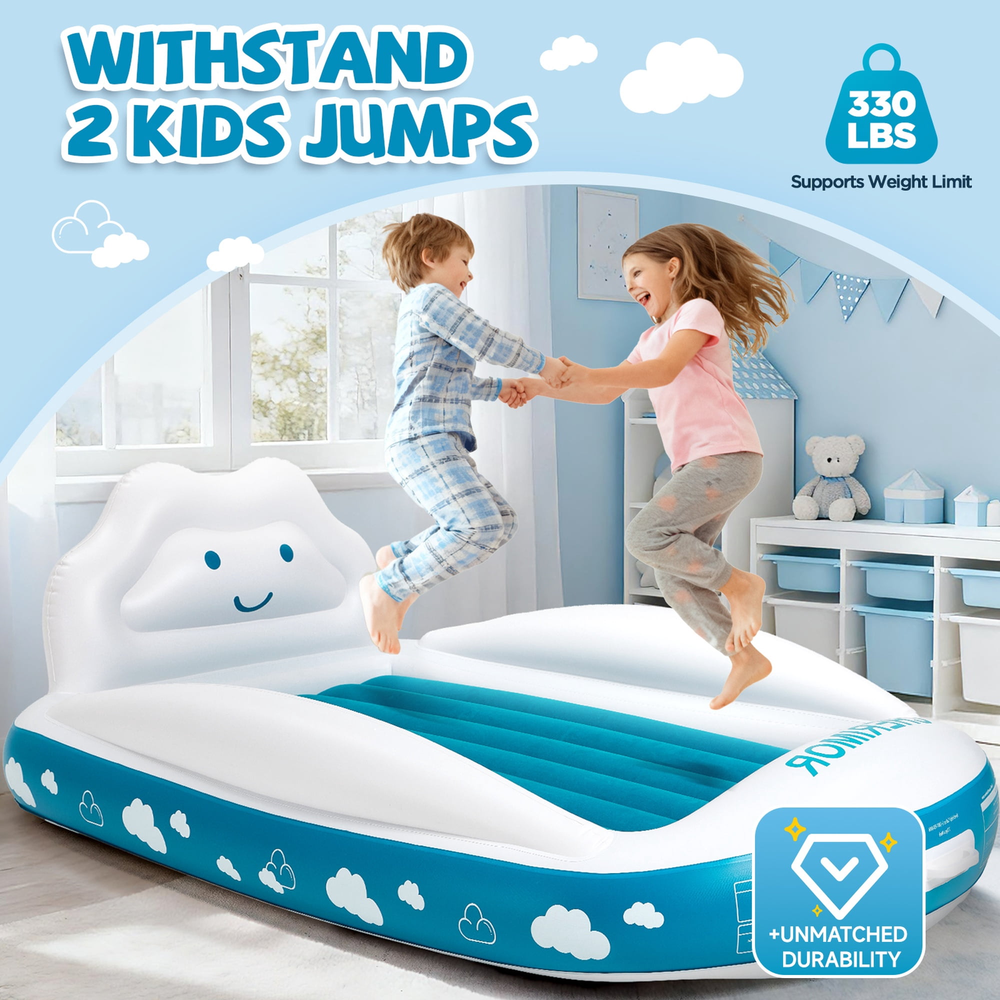 Inflatable Toddler Travel Bed Air Mattress with Safety Bumpers and Electric Pump - 330lb Capacity Portable Kids Bed - 40" x 63" Portable Blow Up Bed for Travel, Camping, Sleepovers