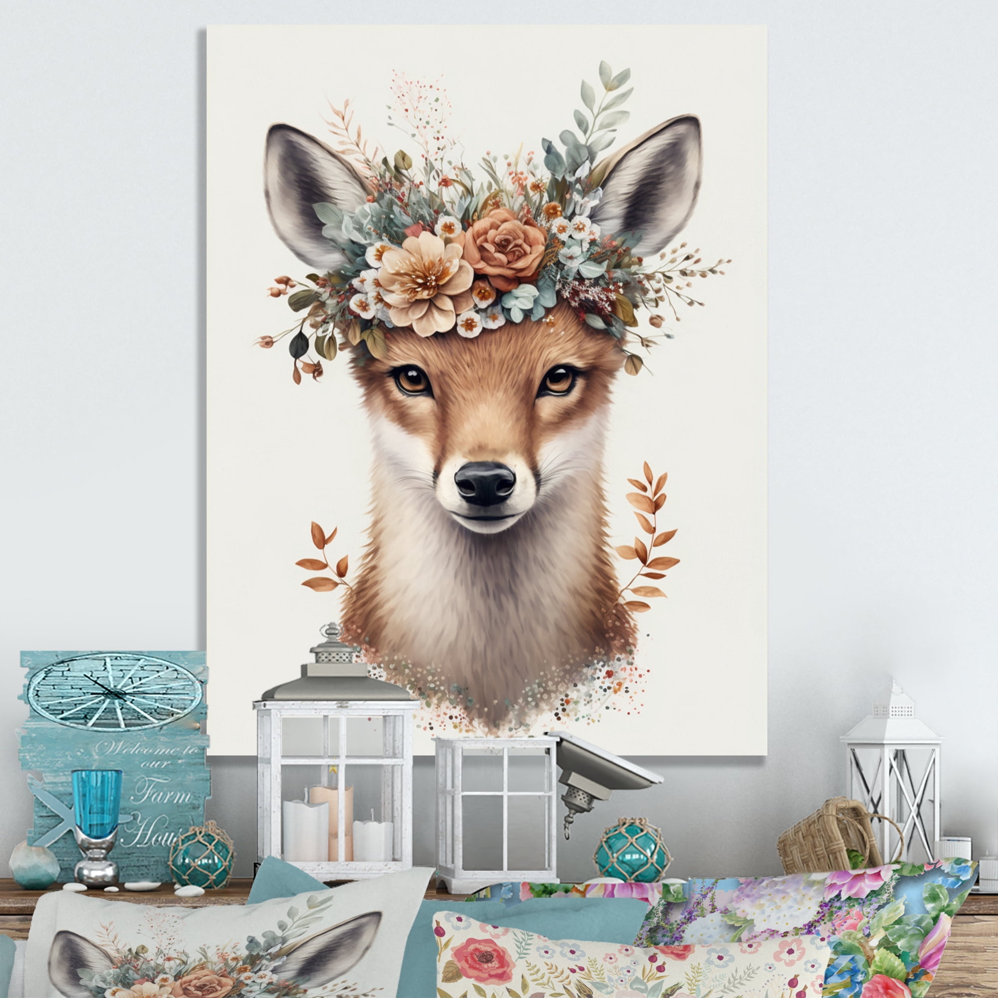 Designart Cute Baby Fox With Floral Crown IV Canvas Wall Art