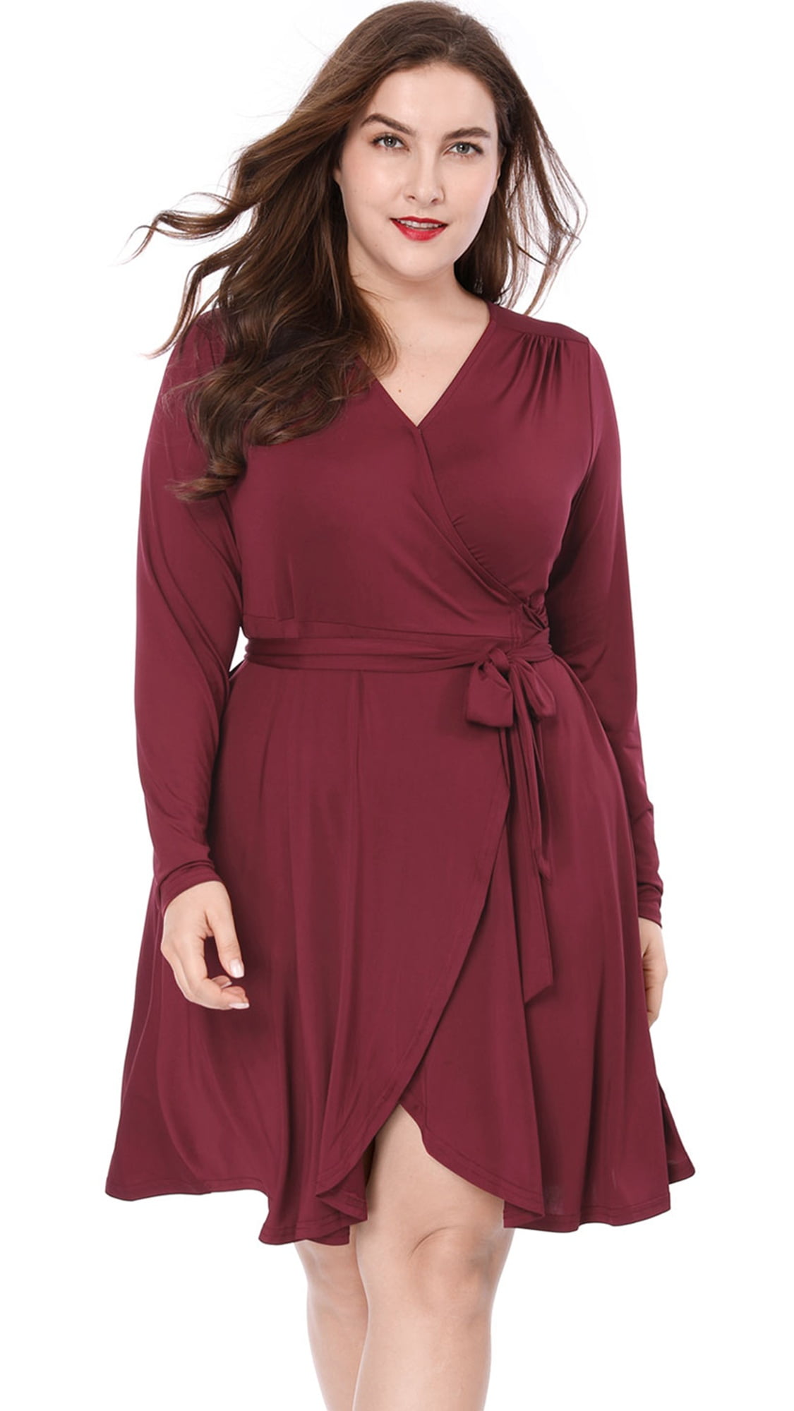 Unique Bargains Women's Plus Size Crossover V-Neck Belted Wrap Dress ...