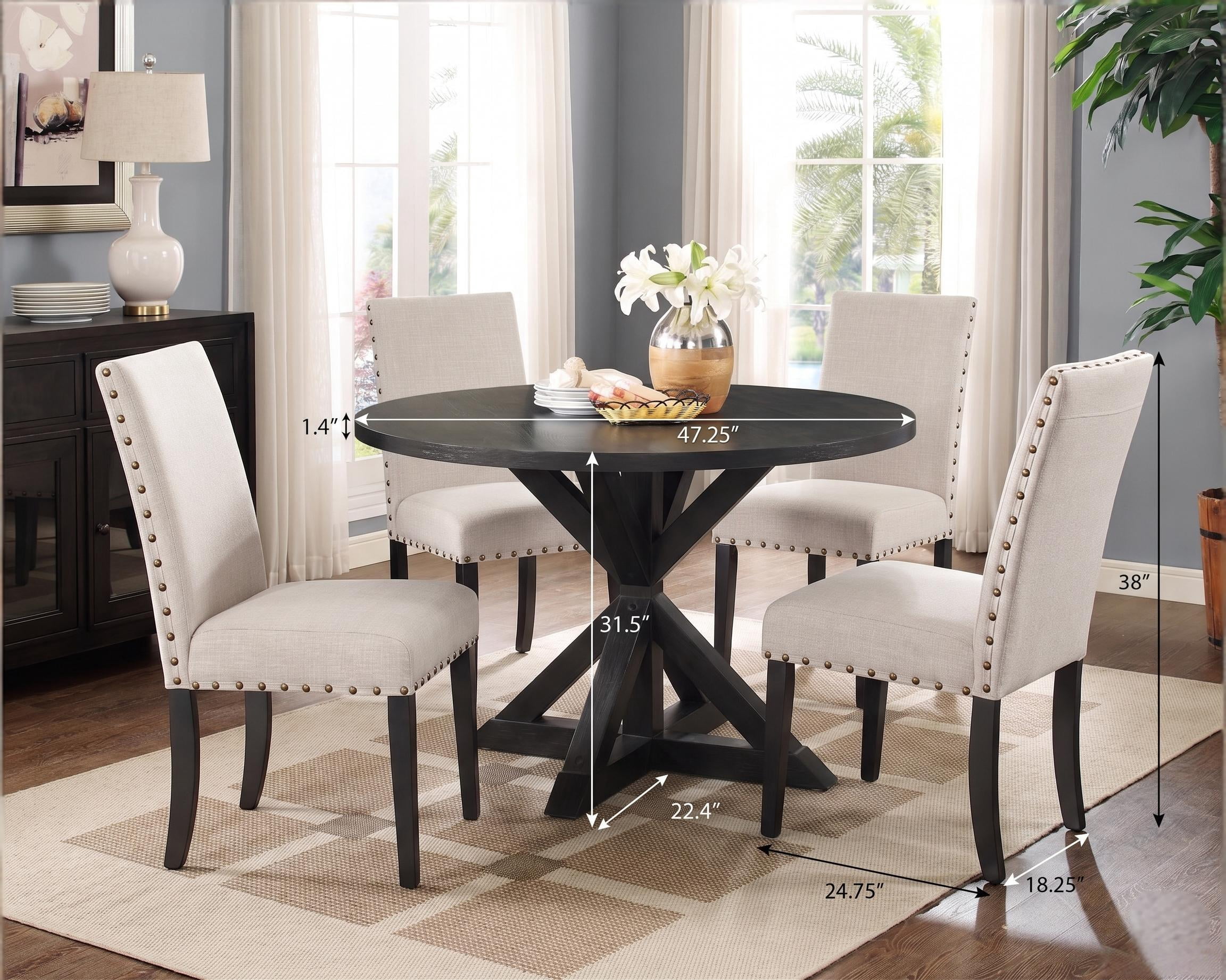 Howcool 5-Piece Round Cross-Buck Dining Table Set, Solid Rubberwood Base with 4 Velvet Upholstered Chic Chairs, Dark Black Finish for Kitchen & Dining Room