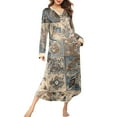 thumbnail image 2 of Women's Nightgown Sleep Dress Long Loungewear V-Neck Henley Nightdress with Pocket Floral Print for Spring Fall,Beige,L, 2 of 8
