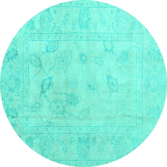 Ahgly Company Machine Washable Indoor Round Oriental Turquoise Blue Traditional Area Rugs, 5' Round