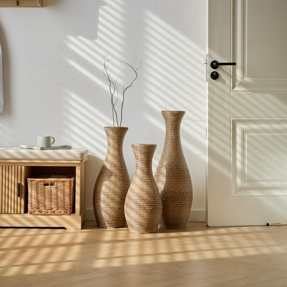 3-Piece Beige Artificial Rattan Floor Vase - Modern Living Room & Hallway Decor for Dry Flower Arrangements or Silk Floral Displays - Versatile Home Accent