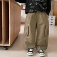 thumbnail image 2 of LIIPEE Boys Girls Cargo Pants Baggy Solid Color Elastic Waist Straight Wide Leg Trousers With Pockets Kids Casual Holiday Party Cycling Pants,110,3-4 Years, 2 of 9