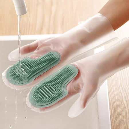 Waterproof Silica Gel Dishwashing Gloves - Thickened Non-Slip Kitchen Cleaning Mitts with Dense Bristles for Dishes Cutlery & Vegetables (1 Pair) green