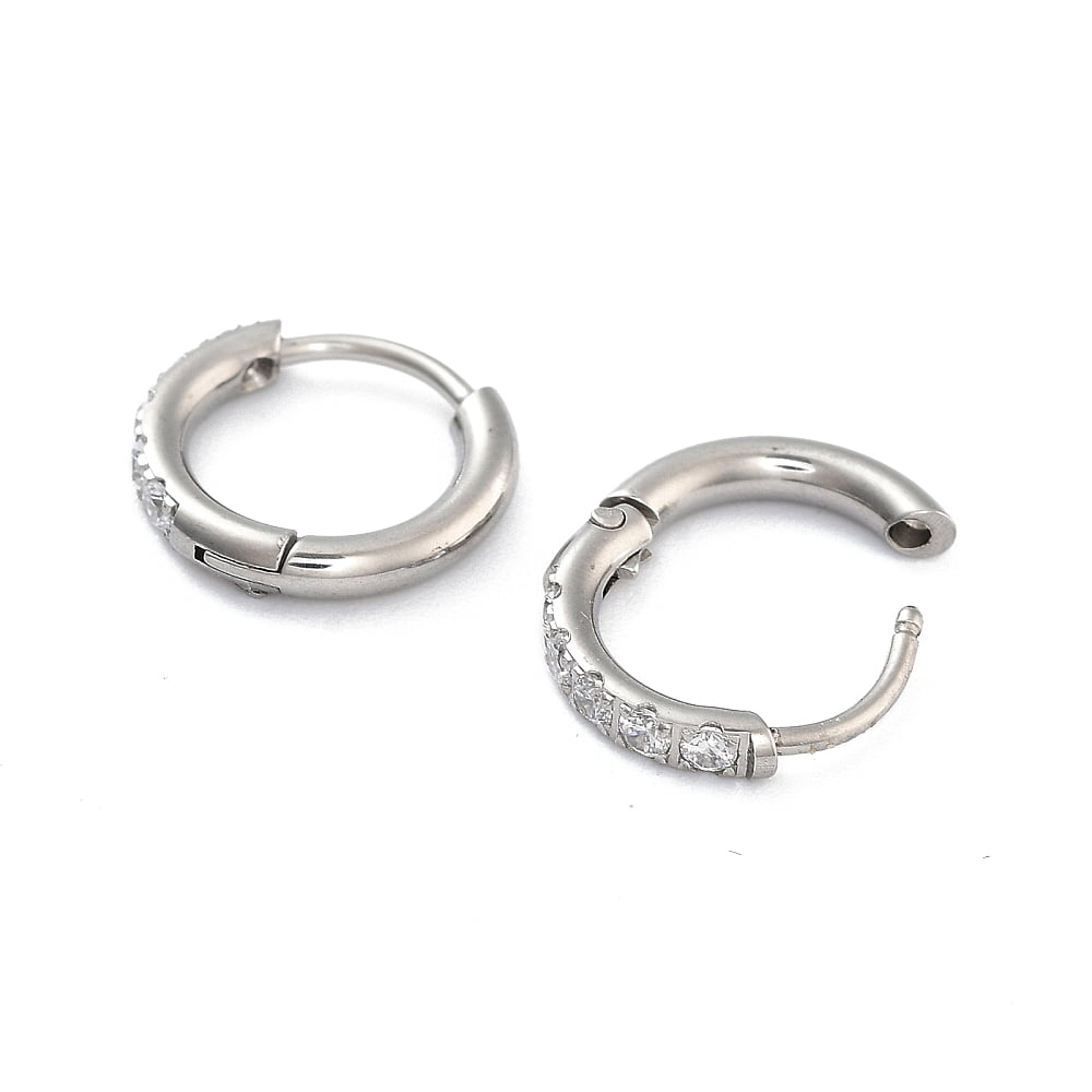 316 Surgical Stainless Steel Pave Clear Cubic Zirconia Hoop Earrings Women Stainless Steel color 12x2mm