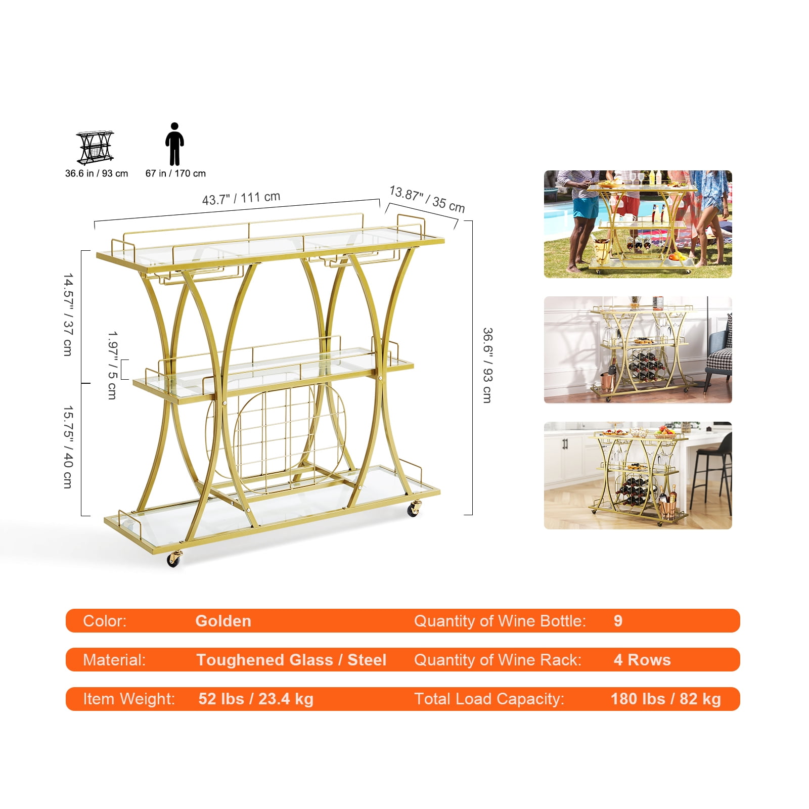 VEVOR Gold Bar Cart, 3 Tiers Home Bar Serving Cart with Lockable Wheels and Wine Rack Glass Holder, Rolling Wine Cart, Modern Wine Cart for Home Kitchen Dining and Living Room, 180 lbs