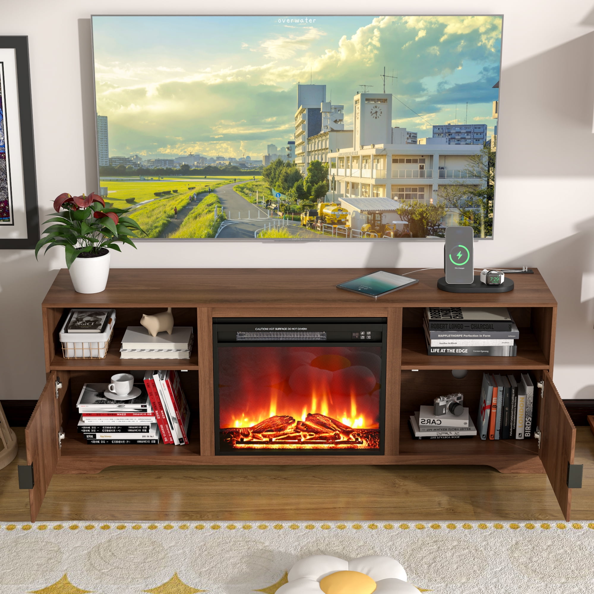 LUCKYELF Fireplace TV Stand, Entertainment Center for TVs up to 80", Wood Media Console for Living Room, Bedroom, Walnut