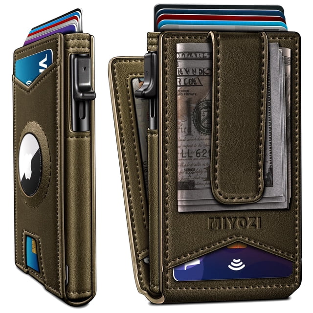 billetera miyozi airtag para hombre, cartera de piel con bloqueo rfid — cartera slim multicolor en cuero marrón oliva, vista frontal y lateral con clip para dinero envuelto en cuero y billetes, caja metálica con cierre magnético, ranura para AirTag visible, acceso emergente para 5 tarjetas en aluminio y funda de cuero para 4 tarjetas, admite 9 tarjetas y cabe en bolsillo frontal; lista para regalo.