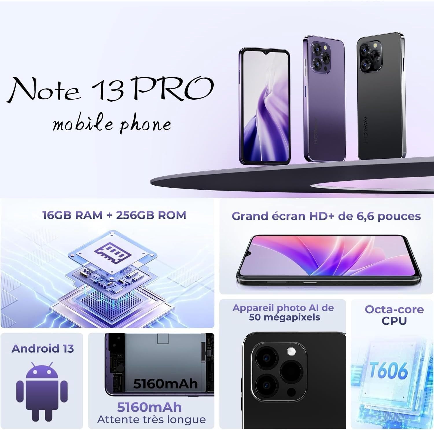 HOTWAV Note 13 Pro Smartphones 6.6'' HD 90Hz Android 13 16GB(8 8) 256GB Unlocked Mobile Phone 50MP 16MP 5160mAh Battery (Black)