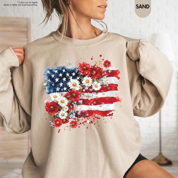 Floral American Flag Sweatshirt, 4th of July Women’s Pullover, Patriotic Independence Day Crewneck, Fourth of July Gifts for Women, USA Shirt