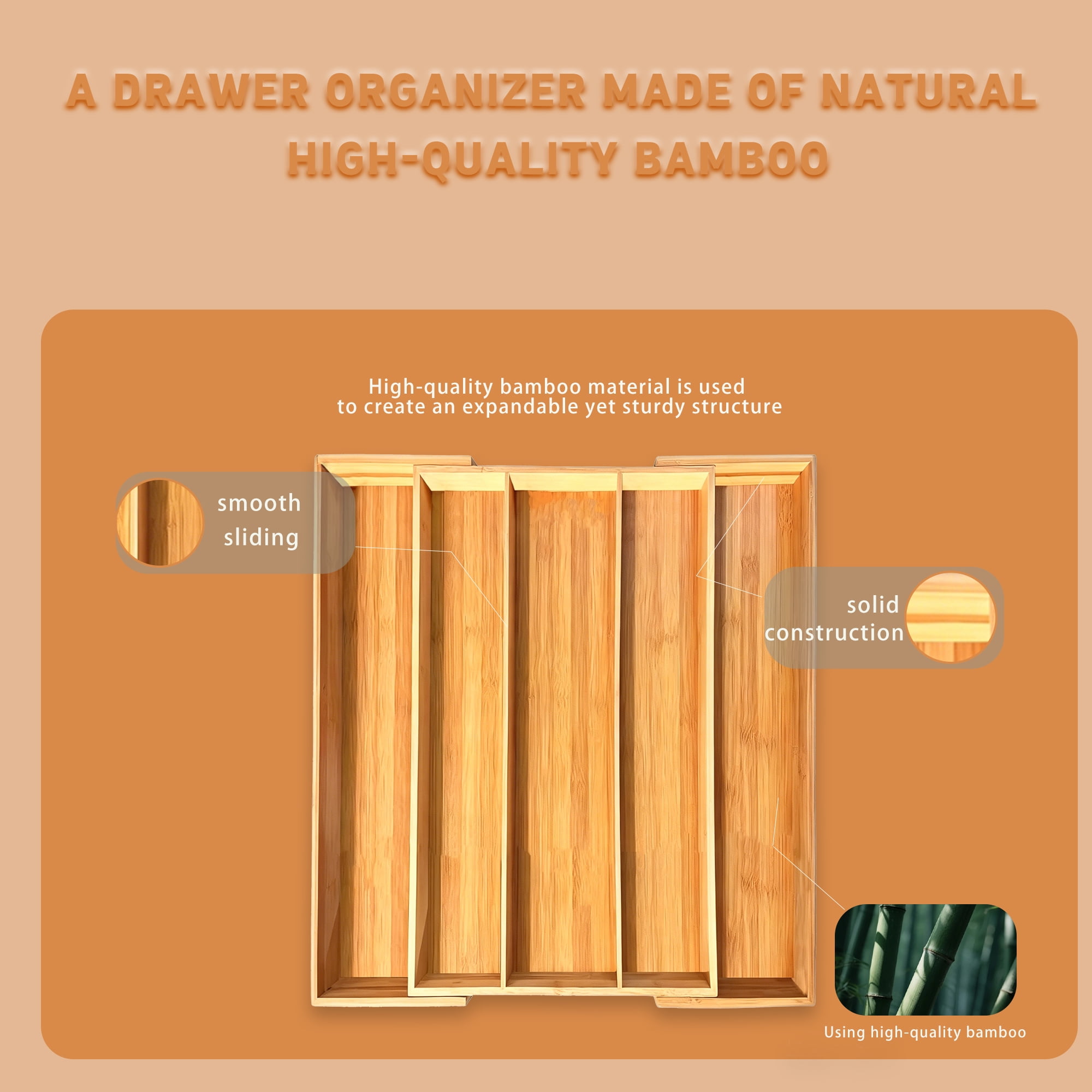 Bamboo Expandable Kitchen Drawer Organizer, Adjustable Utensil Holder and Cutlery Tray Organiser, Drawer Divider for Silverware, Flatware, Knives in Kitchen, Bedroom, Living Room, 5 Slot