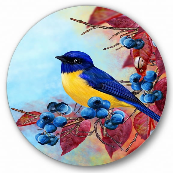Designart 'Bright Bird Bullfinch Sitting On A Branch of Berries I' Traditional Circle Metal Wall Art 36x36 - Disc of 36