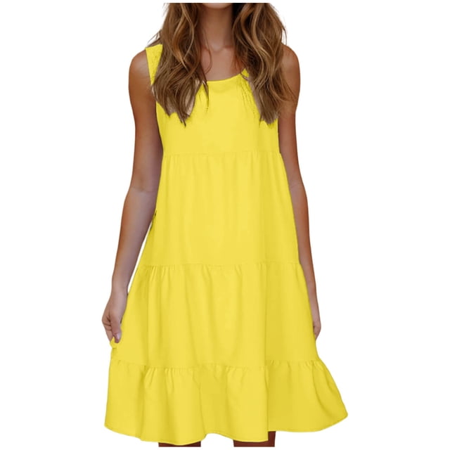 yoeyez Robes d'Été pour Femmes Tendance 2025, Robes Bohèmes à Étages pour Femmes Unies Fluides Évasées Décontractées Robe de Plage Sans Manches à Encolure Dégagée Froncée