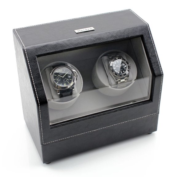 Battery Powered Dual Watch Winder - Black Leather