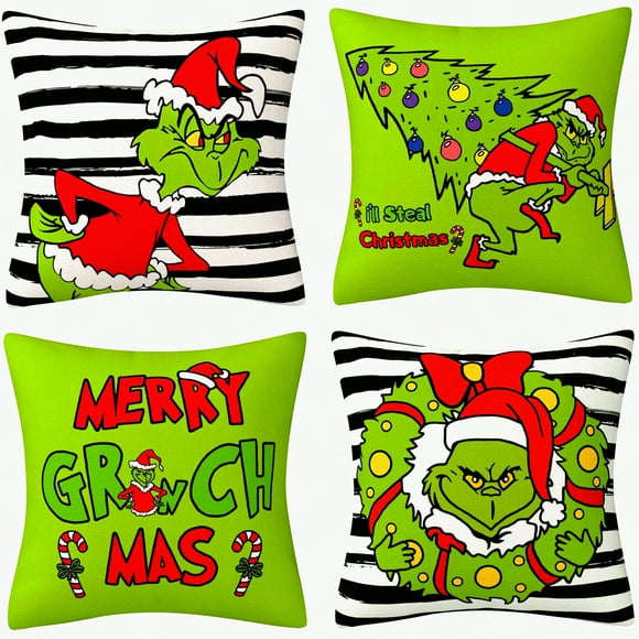 Grinchmas Farmhouse Pillow Covers Set - 18x18 Inch Merry Grin-ch Throw Pillows for Home Office Sofa Couch Bed Decoration - Pack of 4
