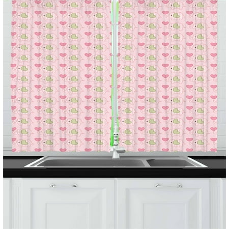 Tartan Heart - Baby Curtains 2 Panels Set, Elephants in Tartan with Hearts Dots Love Animal Kids Childish Design, Window Drapes for Living Room Bedroom, 55W X 39L Inches, Pistachio Green Rose Pink, by Ambesonne