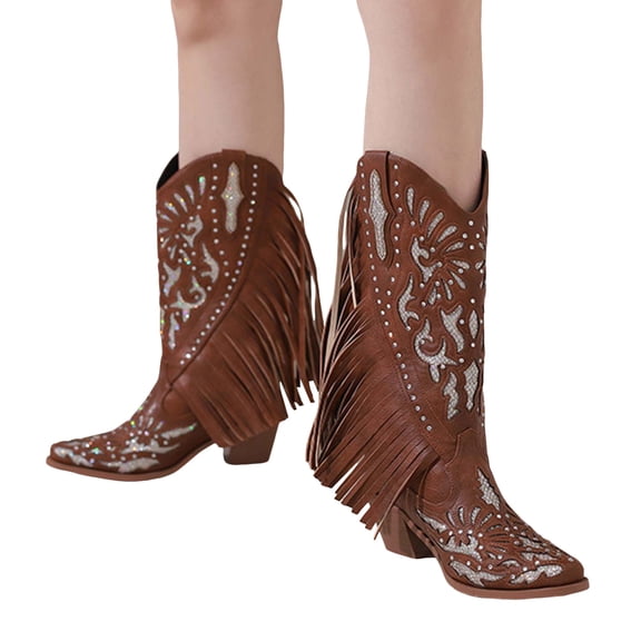 Vintage Fringe Cowboy Boots for Women 2025 Vintage Rhinestones Hollow out Sparkly Wide Mid Calf Cowgirl Boots
