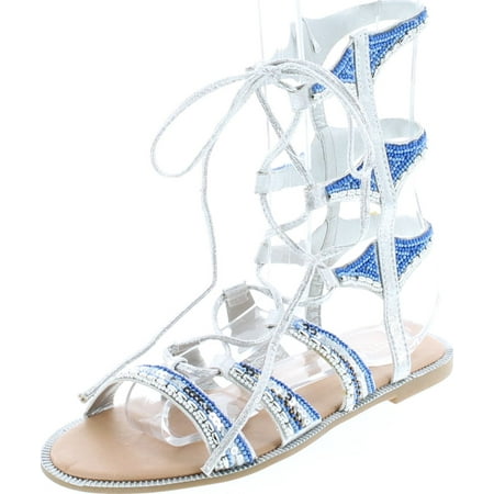 

Mark and Maddux OPEN TOE ELASTIC STRAP DESIGN LACE CASUAL KNEE HIGH GLADIATOR whitefabric shark 7.5