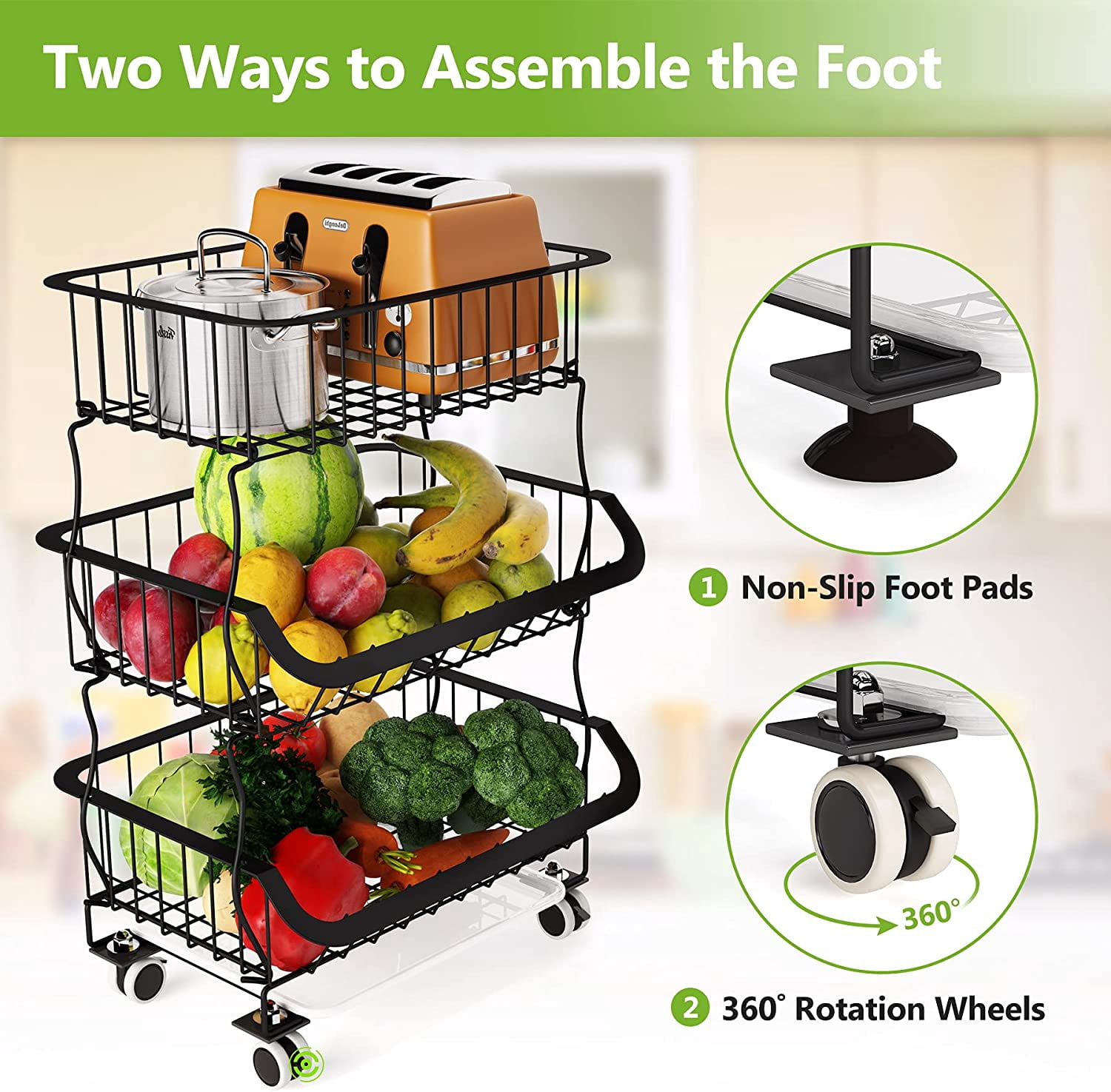 3 Tier Fruit Basket, Stackable Metal Wire Basket Cart with Rolling Wheels