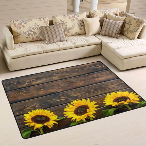 SKYSONIC 36x24in Sunflower Bright Area Rug, Vintage Wooden Board Non-Slip Floor Carpet for Indoor Living Dining Room Bedroom