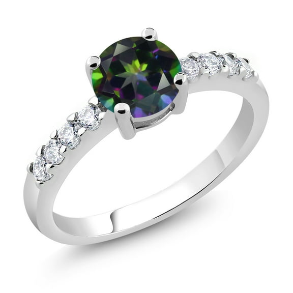 Gem Stone King 1.24 Ct Round Green Mystic Topaz Rhodium Plated Ring (Size 7)