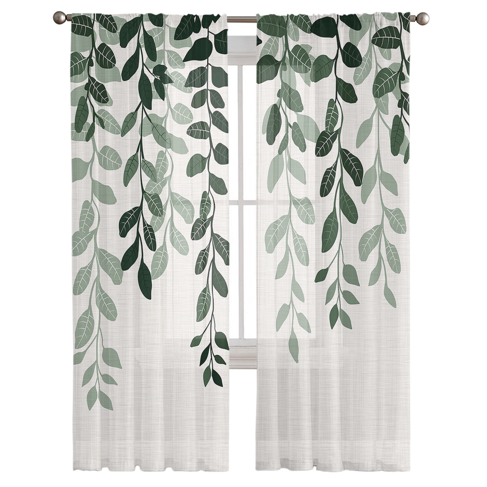 Sheer Curtains 72 inches Long, Plants Gradient Green Leaves Farmhouse Style Linen Texture Light Filtering Sheer Window Curtains Rod Pocket Voile Drapes for Bedroom Living Room, 52"W x 72"L 2 Panels