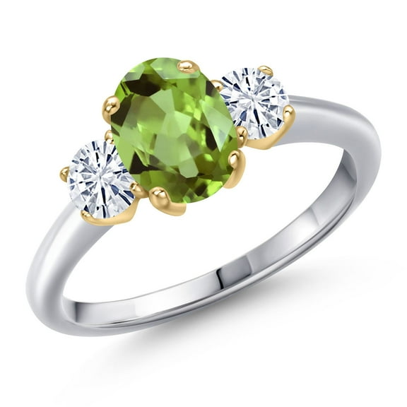 Gem Stone King 10K Two Tone Gold Green Peridot and White Moissanite Engagement Ring for Women | 1.88 Cttw | Oval 8X6MM | Gemstone August Birthstone | Size 5