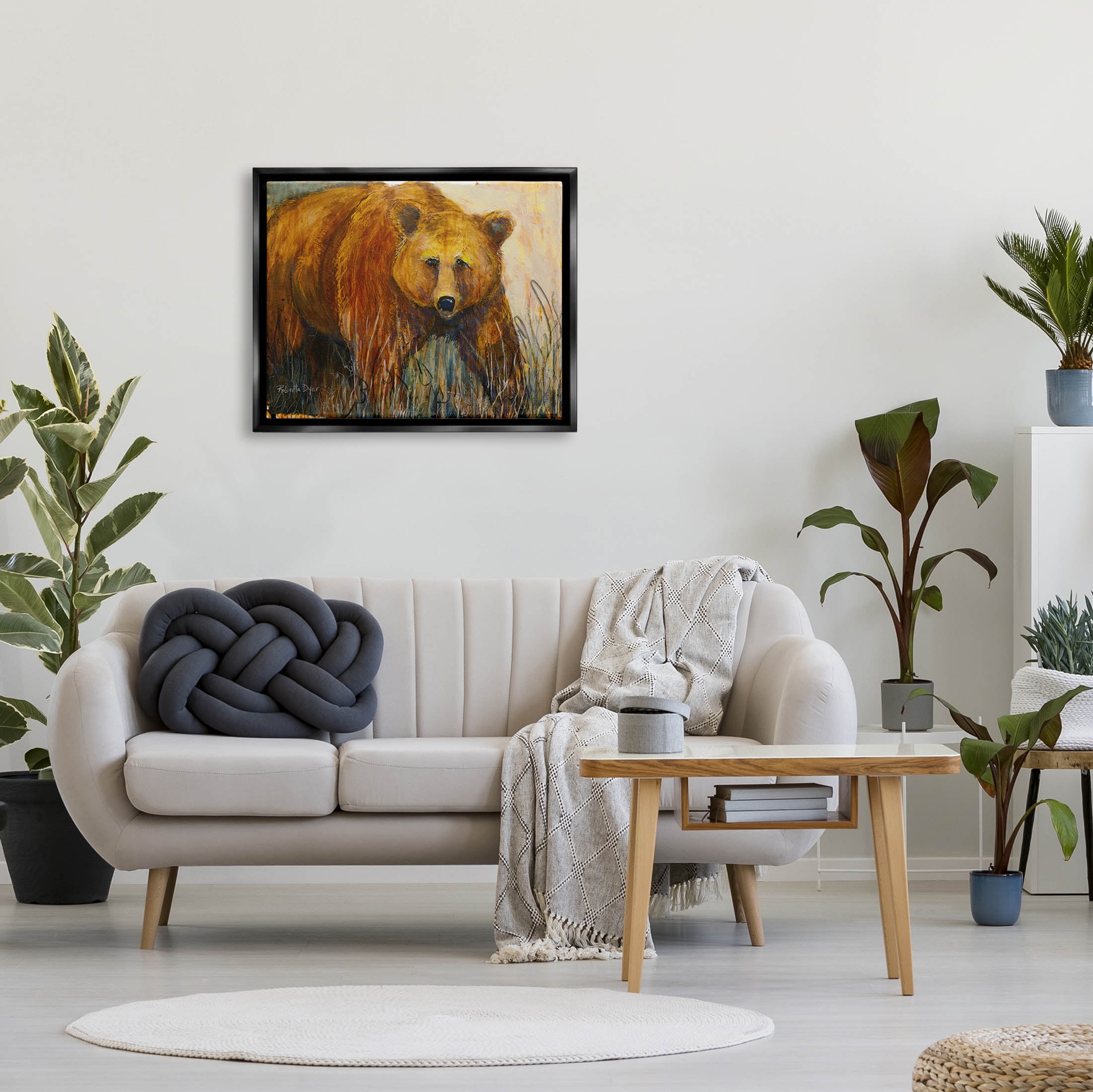 Stupell Industries Modern Bear Wildlife Scene Painting Jet Black Floating Framed Canvas Print Wall Art, Design by Roberta Dyer