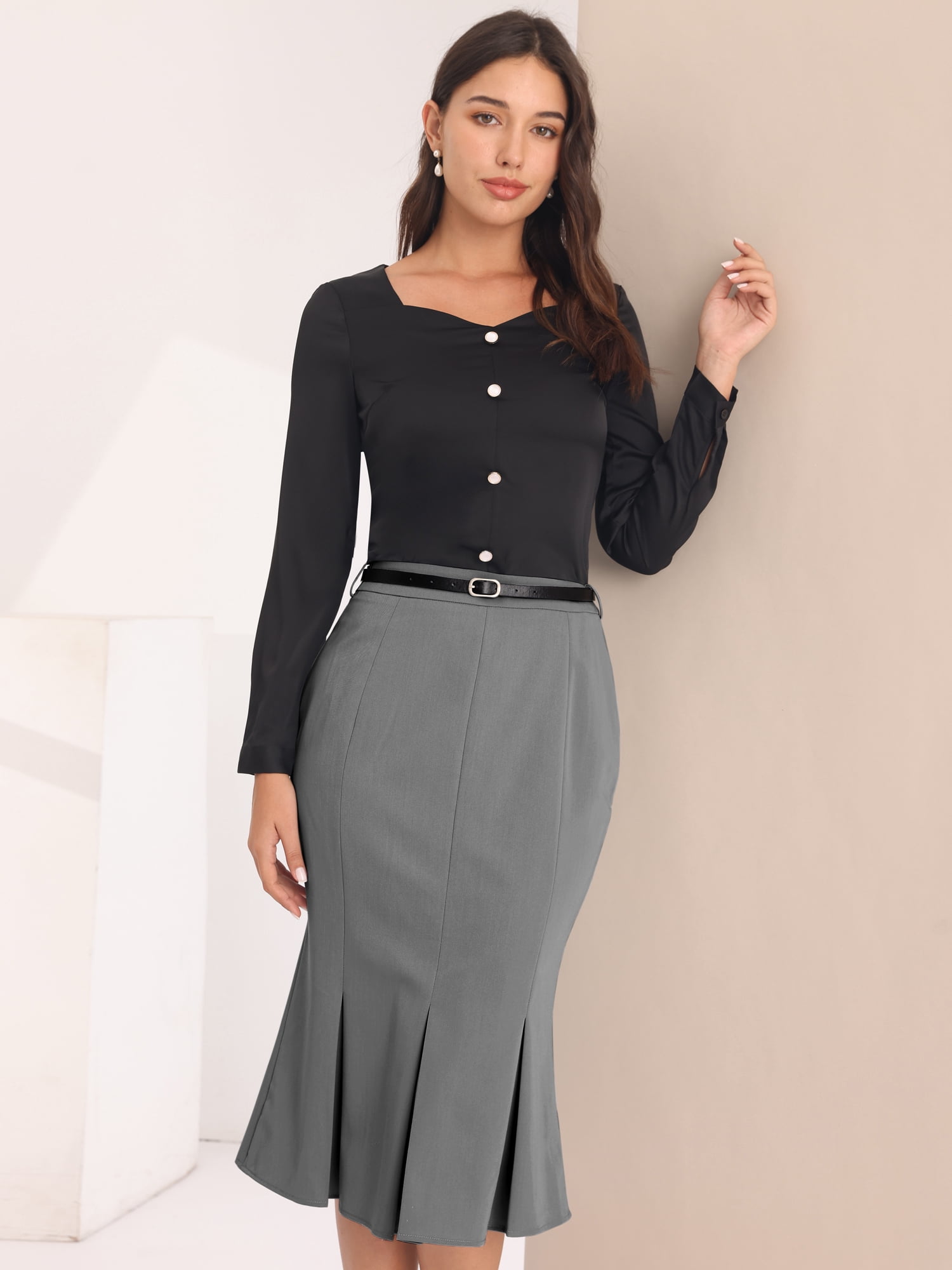 DARING DIVA Women's Elegant Knee Length Fishtail Pencil Skirt S Grey