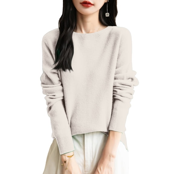 WTOBBY Women's Fashion Knit Round Neck Pullover Base Layer Sweater, Solid Color Long Sleeve Top for Layering and Casual Wear, Versatile and Stylish,Beige L