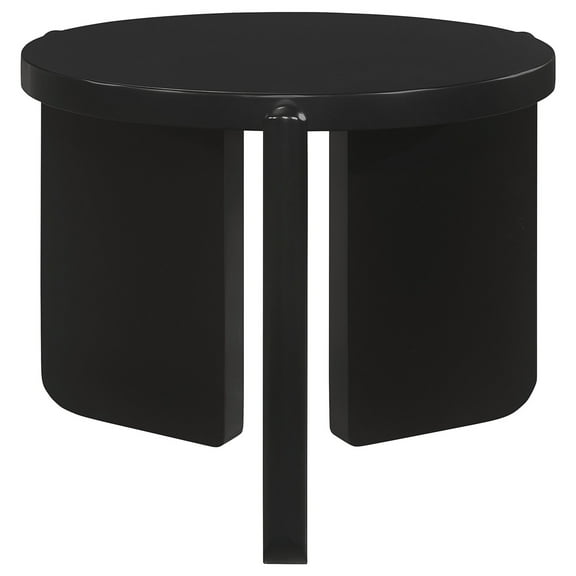 Kiya Side End Table, Panel Legs, 27 Inch Round Black Solid Wood Frame
