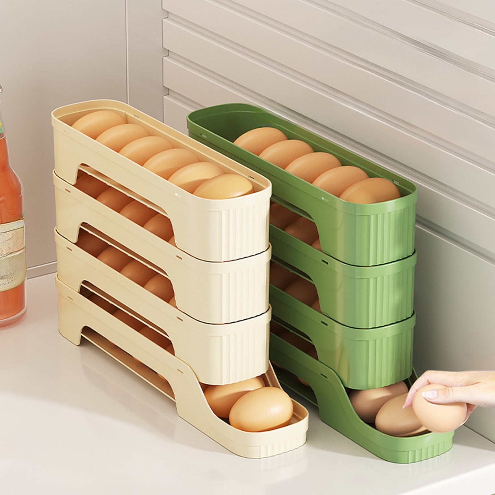 Large Capacity Automatic Rolling Refrigerator Egg Holder Organizer Stackable Sliding Food Grade Tray For Kitchen Fridge Storage