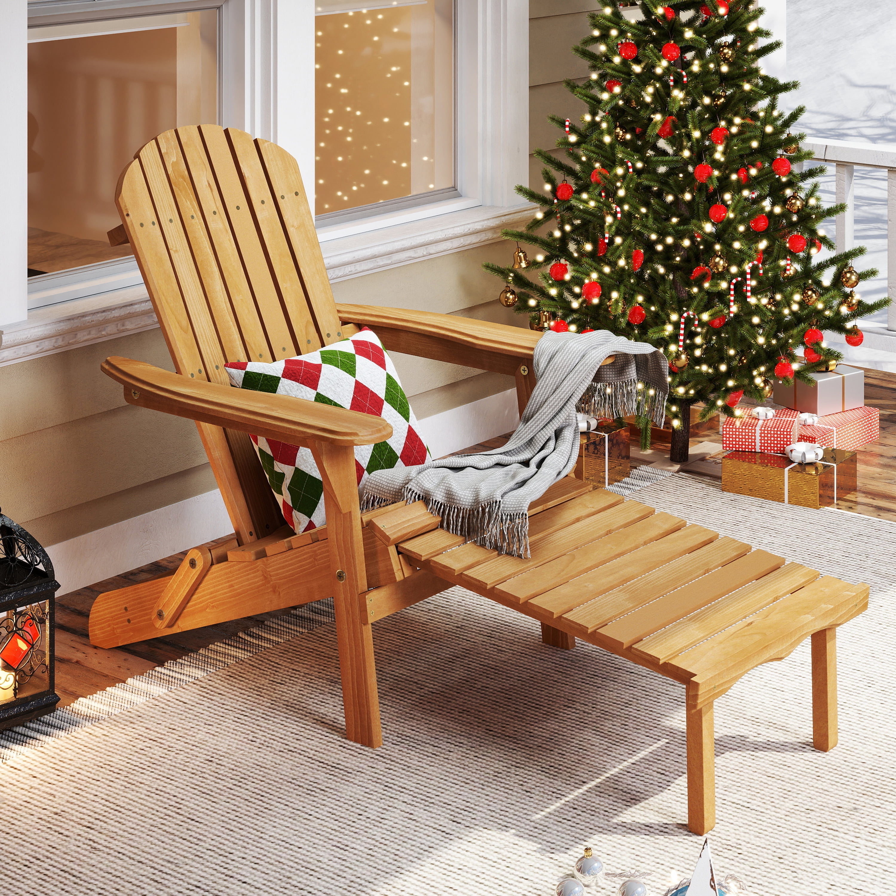Outdoor Wooden Folding Adirondack Chair with Retractable Ottoman, Pre-Assembled BackRest & SeatBoard, Wood Patio Chair for Garden Backyard Porch Pool Deck Firepit