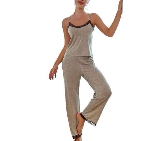 

2pcs Set Casual Colorblock Cami PJ Pant Sets Sleeveless Grey Women s Pajama Sets (Women s)