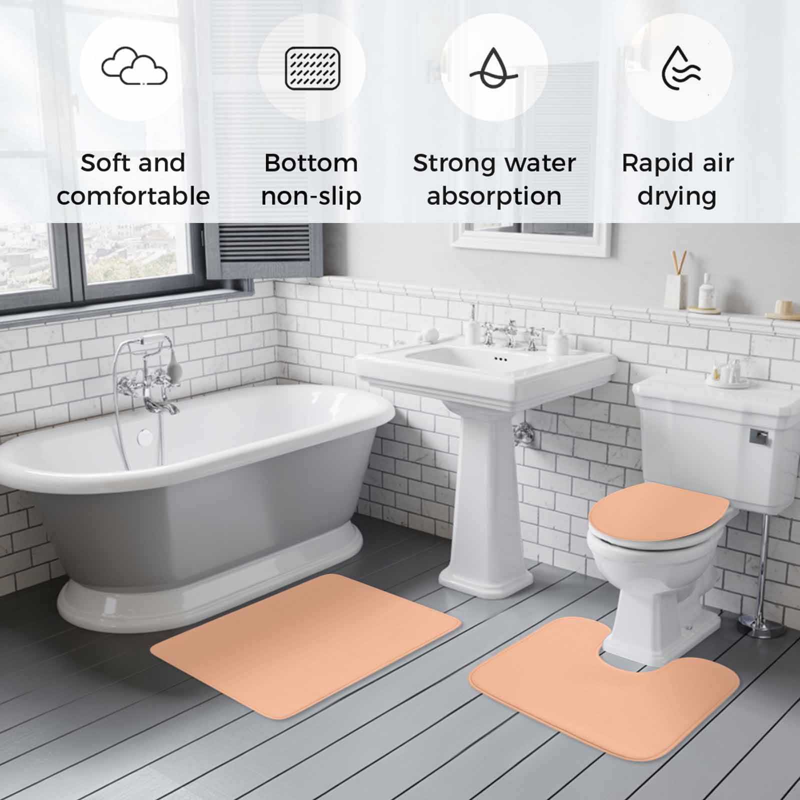 Peach Fuzz Bath Mat 3 Piece Bathroom Rug Set, Modern Pure Peach Fuzz Non Slip Bath Rug Contour Mat and Toilet Lid Cover, Absorbent Shower Mats Soft Bath Rugs and Mats Sets