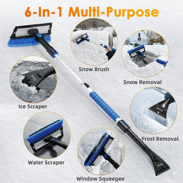  41 Snow Brush and Ice Scraper, Ice Scrapers for Car Windshield,  3 in 1 Sturdy Snow Brush with Squeegee, Extendable Aluminum Handle,  Ergonomic Foam Grip 180° Pivoting Snow Scraper for Car