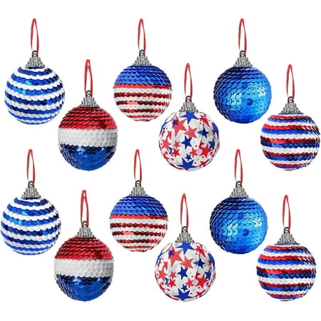 

Independence Day Decorative Hanging Balls Set of 12 Patriotic Red Blue White Sequin Embellished Baubles 4th of July Party Supplies