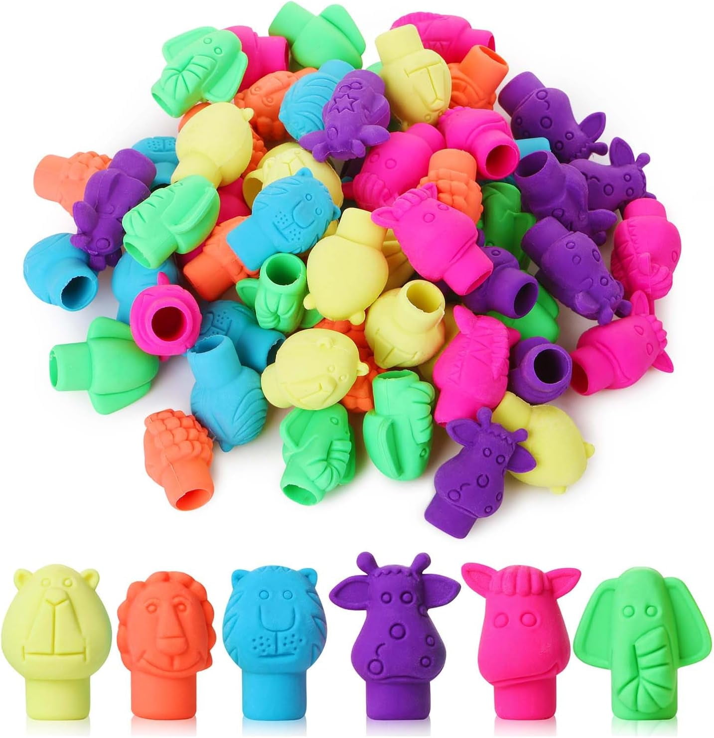Mr. Pen Animal Eraser Pencil Caps Erasers, Assorted Colors, 60 Pack