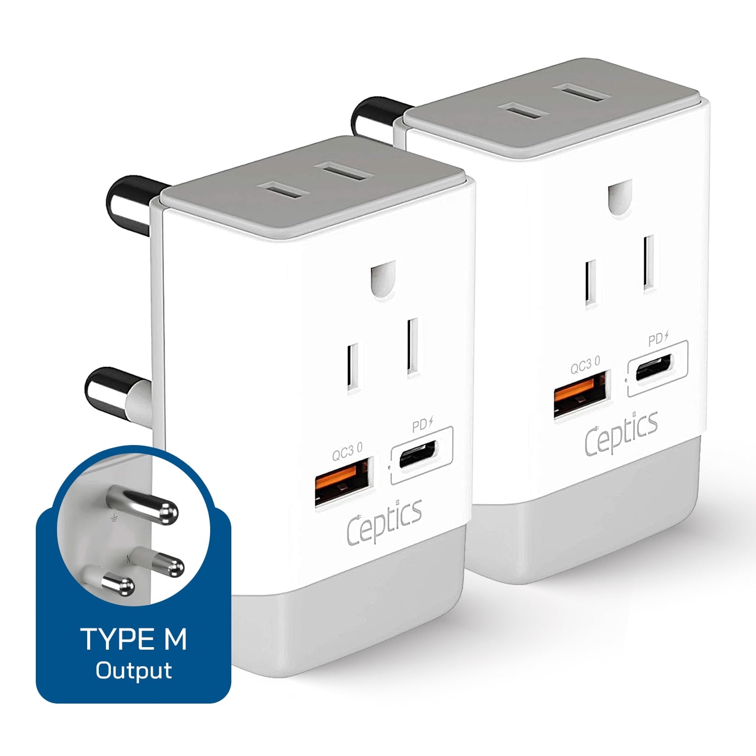 Ceptics South Africa Travel 2 Pack Plug Adapter QC 3.0 & PD, Safe Dual USB & USB-C - 2 USA Socket Compact & Powerful - Use in S. Africa Botswana - Type M AP-10L - Fast Charging