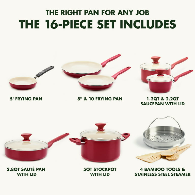 GreenPan Rio Healthy Ceramic Nonstick 16 Piece Cookware Pots and Pans Set  Red