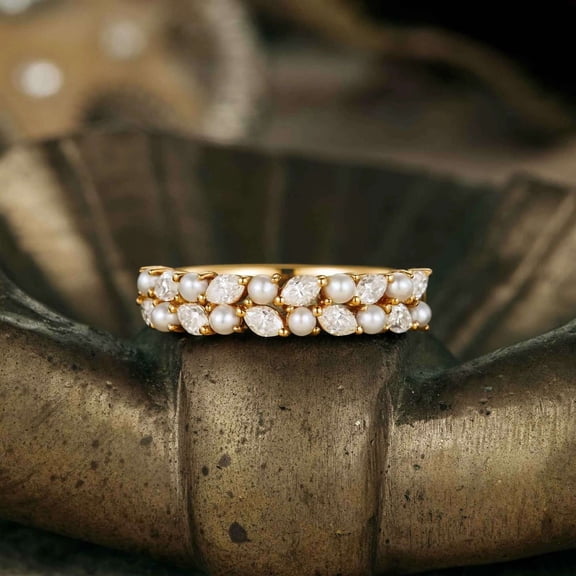 vylahjewellery Classic Wedding Bridal Ring Pearl & Marquise Diamond Wedding Band Ring 10K Vermeil Yellow Gold Stackable Anniversary Promise Jewelry Gift for Women