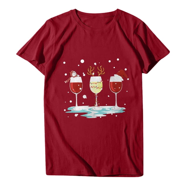Camisas de Navidad Para Mujer Tops de Cuello Redondo Blusa Informal de Manga Corta Con Estampado de Moda Odeerbi ODB195664