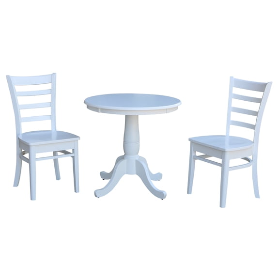 30'' Round Solid Wood Pedestal Dining Table with 2 Emily Ladder Back Dining Chairs in White